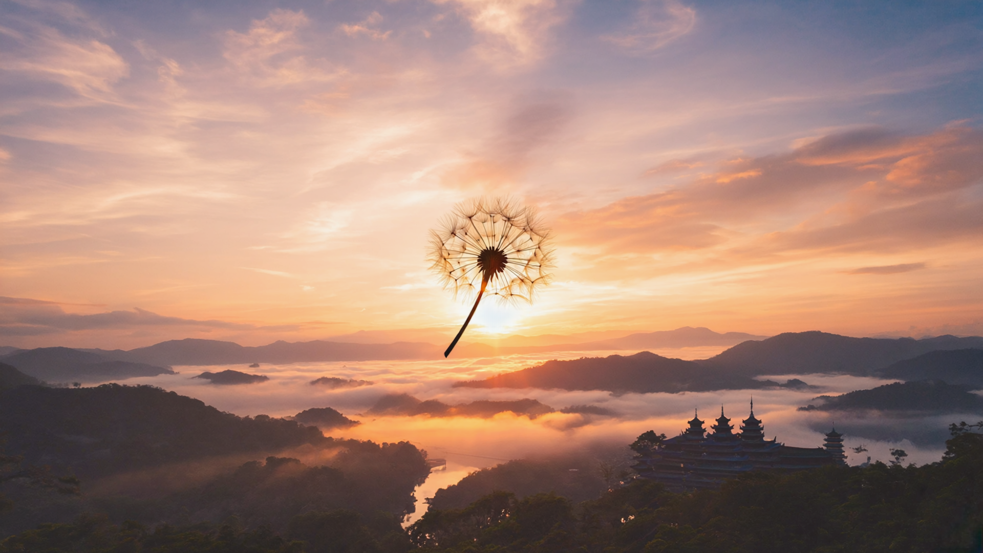 Gen4 A cinematic scene of a dandelion seed gently ascending into the orange and pink s a-2, 34674416